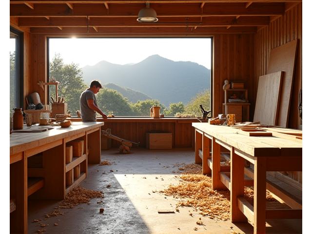 Intérieur d'un atelier de menuiserie moderne avec des outils, des copeaux de bois et une vue sur les volcans d'Auvergne par une grande fenêtre