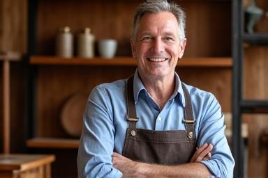 Portrait de Jean-Luc Dubois, fondateur de Vulcain Meubles, souriant devant une belle pièce de mobilier en bois