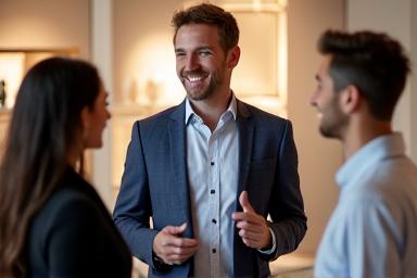 Portrait de Marc Bernard, conseiller en design d'intérieur, discutant avec un client dans un showroom de meubles
