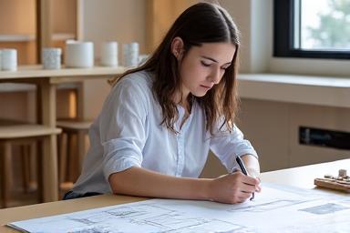 Portrait de Sophie Martin, designer de meubles, esquissant des plans dans un bureau lumineux