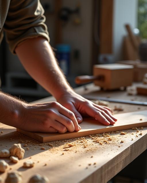 Un artigiano di Cucine Bella Vita che lavora con precisione su un pezzo di legno.