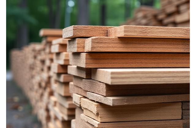 Piles de bois certifié PEFC et FSC dans une scierie durable