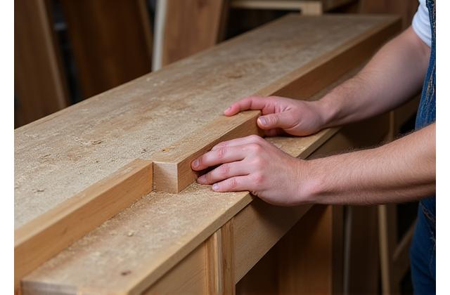 Console en bois massif montrant l'assemblage traditionnel avec des outils artisanaux
