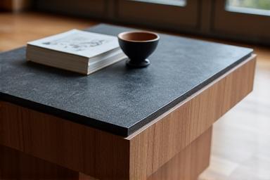Table basse en pierre de Volvic et bois de noyer
