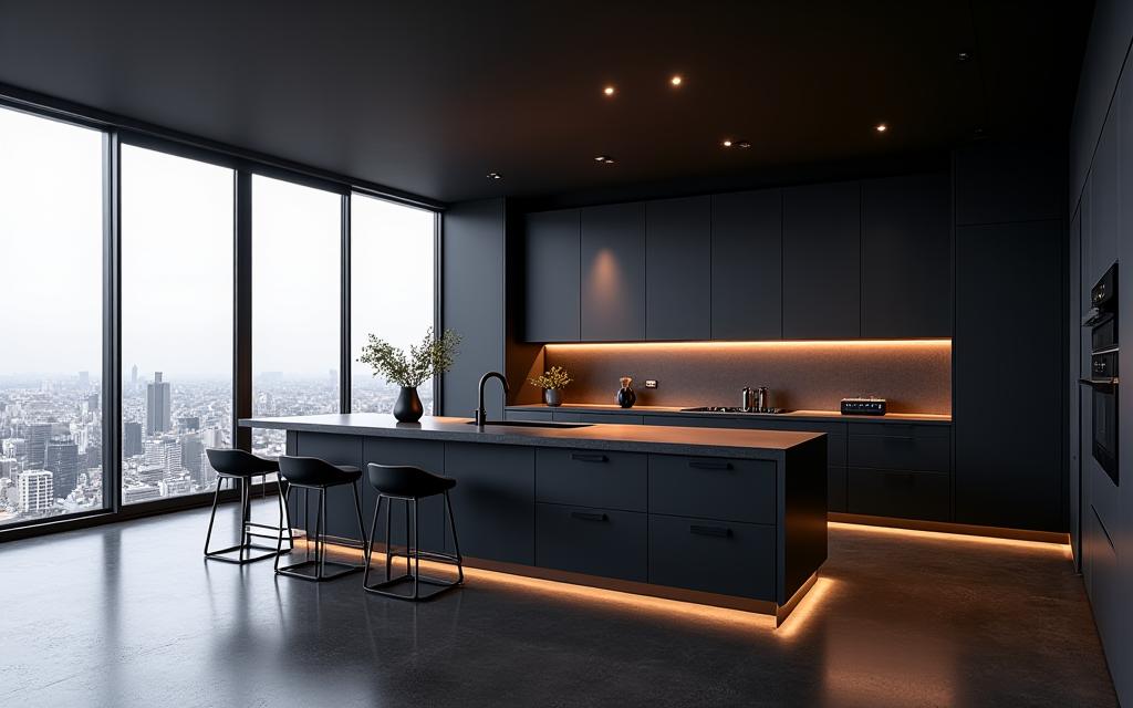Cucina moderna nera in un attico a Milano.
