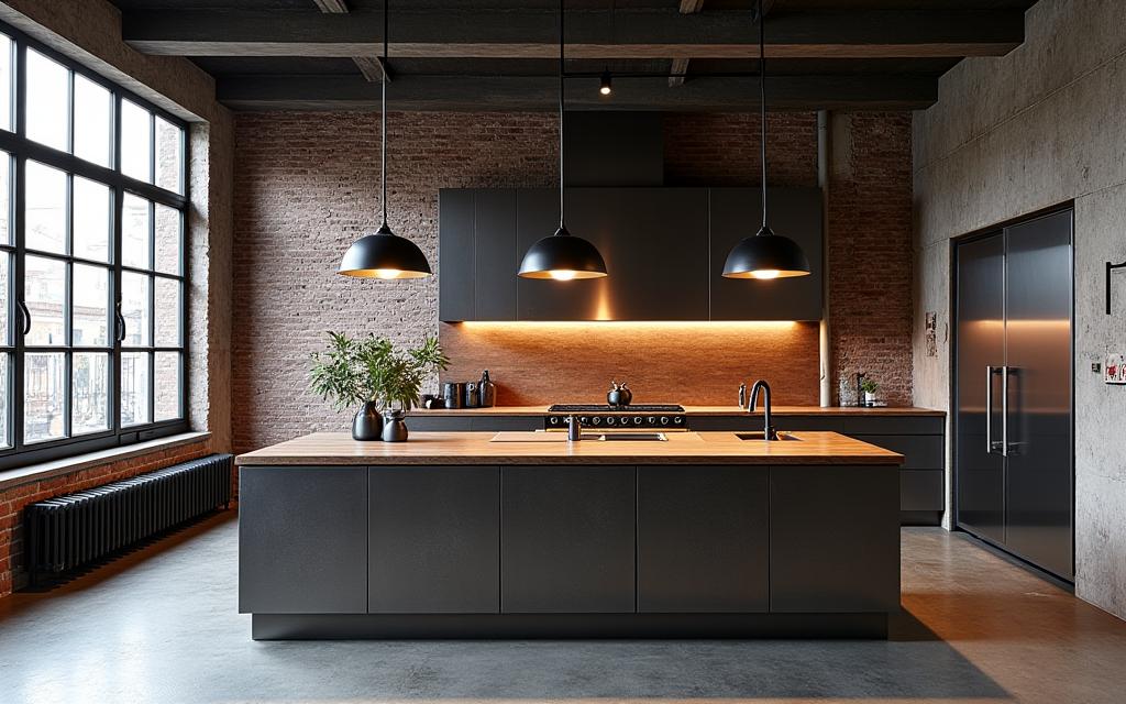 Cucina in stile industriale con elementi in acciaio e legno.